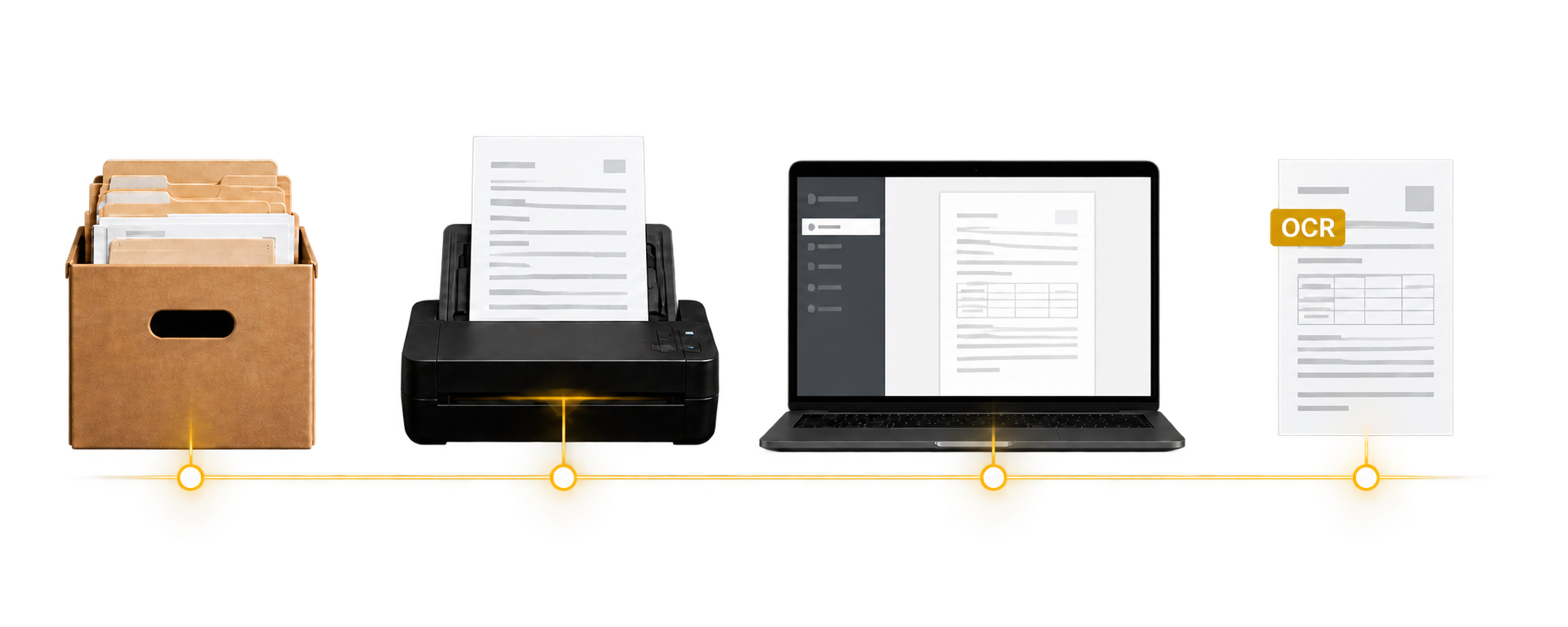Paper records moving through a scanner and laptop into searchable OCR files